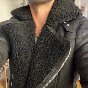 All Saints Men's shearling Leather Jacket. Black, Medium.